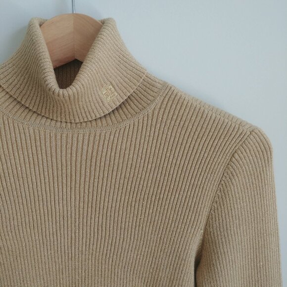 Ralph Lauren gold tan metallic ribbed cotton turtleneck sweater PP - Picture 3 of 13